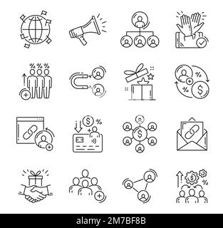 Affiliate and referral program outline icons. Affiliate marketing strategy, customers network and sales management, referral bonus line icons, loudspeaker, people, gift box and money pictograms Stock Vector