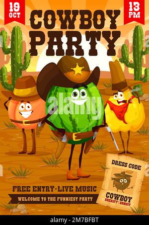 Western kids party flyer, cartoon fruit cowboy, ranger, sheriff and robber characters. Vector wild west personages cute apricot, watermelon and quince punchers with guns and hats in desert with cacti Stock Vector