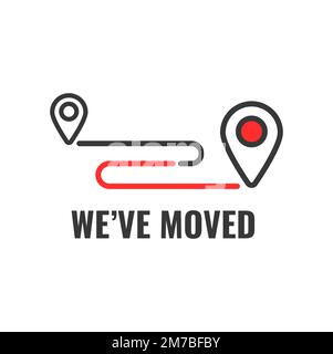 We have moved outline icon. Business address change announcement or minimalistic sign. Relocation and move vector symbol or icon with navigation pin point, transfer route lines Stock Vector