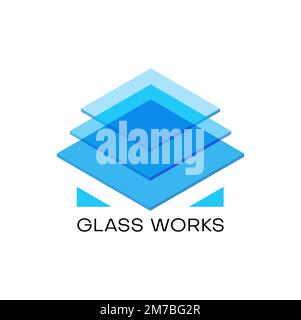 Glass works icon, window production technology company vector emblem. House building, architecture or construction and interior design service icon of crystal, blue glass in square layers Stock Vector