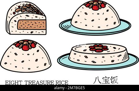 Translation from Chinese Eight Treasure Rice, Chinese Rice Pudding vector illustration. Chinese New year dessert ba bao fan in doodle style. Stock Vector
