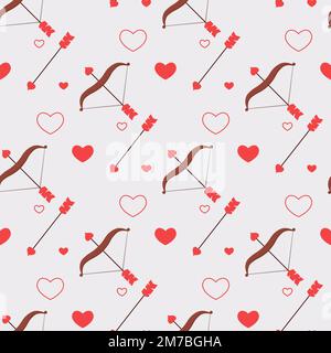 Romantic seamless pattern with Bow and arrow and hearts. Valentines Day symbol. Vector illustration in a cute flat style Stock Vector