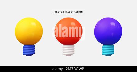 Colorful light bulb 3d icon set. realistic design elements collection. vector illustration in cartoon minimal style Stock Vector