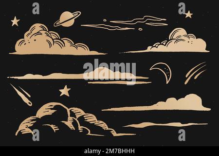 Clouds and sky gold vector space doodle sticker Stock Vector