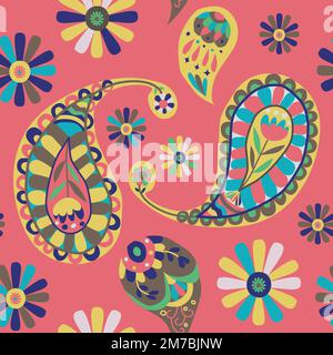Vibrant pink Indian vector paisley pattern seamless background Stock Vector
