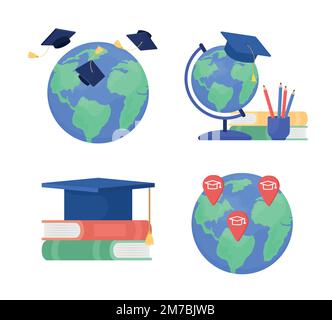 Study abroad destinations semi flat color vector objects set Stock Vector