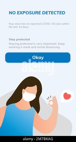 COVID-19 notifications app template vector no exposure detected mobile screen Stock Vector