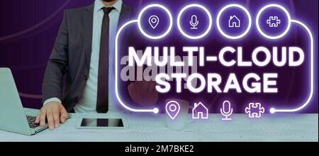 Text sign showing Multi Cloud Storage. Business approach use of multiple cloud computing and storage services Stock Photo