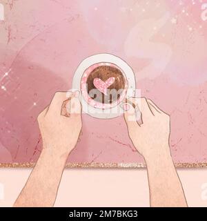 Cute heart coffee vector pink glittery marble texture social media post Stock Vector