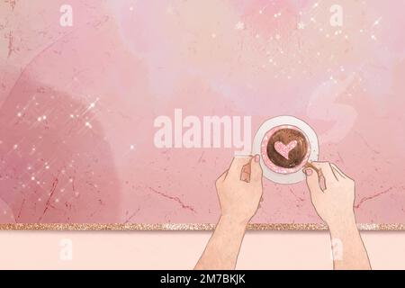 Heart coffee vector pink glittery marble texture background Stock Vector