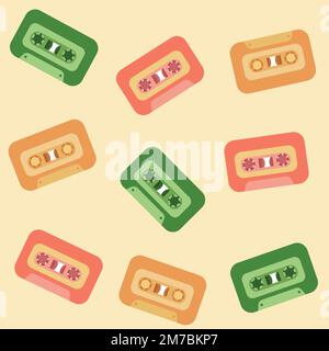 Retro y2k disco cassettes seamless pattern in pastel colors. Radio audio records diverse old music concept. Stock Vector