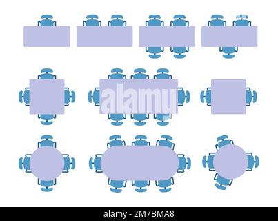 Square tables with office chairs top view. Employee workplace. Round or rectangular desktops with armchairs. Business meeting. Conference and Stock Vector