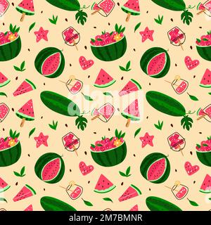 Watermelon seamless pattern. Bright whole fruits. Sweet pieces and slices. Cocktail glasses. Summer snack and drink. Diet berry desserts. Fresh and Stock Vector