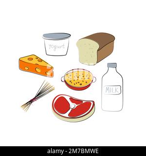 Food icon set. Daily food items sign. Vector cartoon hand drawn illustration Stock Vector