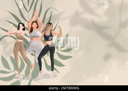 Health and wellness vector background green with women stretching illustration Stock Vector