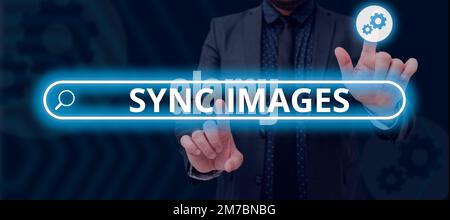 Conceptual display Sync Images. Word for Making photos identical in all devices Accessible anywhere Stock Photo