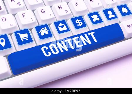 Conceptual caption Content. Conceptual photo Things included in something Marketing material State of happiness Stock Photo