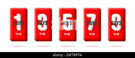 Deadline countdown in days to go, volume letters on red cube, digital badge Stock Vector