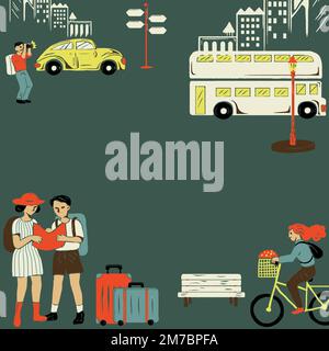 Vintage City tour frame vector with tourist cartoon illustration Stock Vector