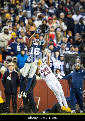 Landover, MD, USA. 8th Jan, 2023. Dallas Cowboys wide receiver KaVontae  Turpin (9) is tackled by Washington Commanders wide receiver Dyami Brown  (2) on the punt return during the game between the