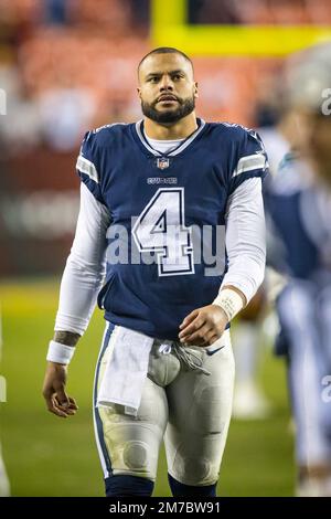 January 8, 2023 : Dallas Cowboys quarterback Dak Prescott (4) drops back to  pass during the game against the Washington Commanders in Landover, MD.  Photographer: Cory Royster (Credit Image: Â© Cory Royster/Cal