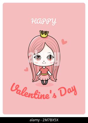 Valentine's Day. Postcard with cute anime girl. Stock Vector