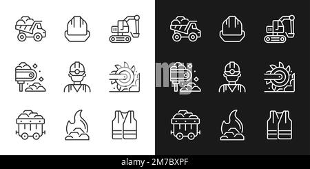 Coal extraction pixel perfect linear icons set for dark, light mode Stock Vector