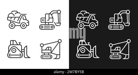 Mining vehicles pixel perfect linear icons set for dark, light mode Stock Vector