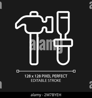 Hammer and chisel pixel perfect white linear icon for dark theme Stock Vector