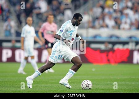 File photo dated October 1, 2006 of OM's Modeste M'Bami in action during his French Ligue 1 soccer match, Olympique de Marseille vs Toulouse Football Club at the Velodrome stadium in Marseille, France. Former Paris-Saint-Germain and Cameroon midfielder Modeste M’Bami has died aged 40 after suffering a heart attack, PSG said in a statement on Saturday. M’Bami won two Coupes de France with the Parisian club, in 2004 and 2006, as well as an Olympic gold medal with Cameroon at the 2000 Sydney Games. At those Olympics, M’Bami secured his place within Cameroonian footballing history as he scored a “ Stock Photo