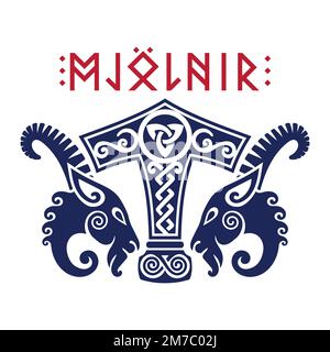 Viking Design. Ancient Scandinavian depiction of the Hammer of Thor and the head of the Two Goats Stock Vector