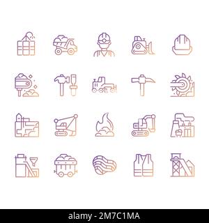Coal mining pixel perfect gradient linear vector icons set Stock Vector