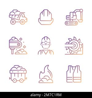 Coal extraction pixel perfect gradient linear vector icons set Stock Vector