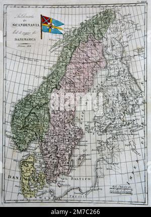 Map of the Peninsula of Scandinavia and Kingdom of Denmark, from Marmocchi Atlas, Florence, Italy 1838 Stock Photo