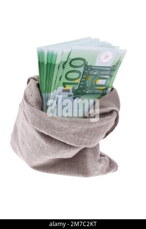 money bag full of 100 euro notes Stock Photo