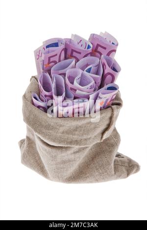 money bag full of 500 euro notes Stock Photo