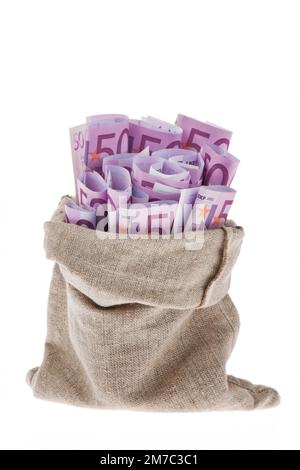 money bag full of 500 euro notes Stock Photo