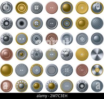 Realistic buttons for clothes. Vintage metal fastener, denim accessory button and top view antique bronze garment fasteners vector set Stock Vector