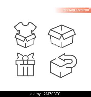 Outlined box vector icon set. Delivery package parcel boxes, gift box and t-shirt item line icons. Stock Vector