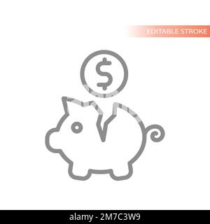 Broken piggy bank and dollar coin line vector icon. Inflation, bankruptcy outlined symbol. Stock Vector