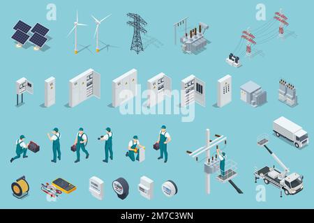 Isometric electricity icons set with solar panels, power stations, high voltage wires, electric switchboards, transformers, distribution boards, and Stock Vector