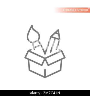 Open box, paintbrush and pencil line vector icon. Idea, creative solution outlined symbol. Stock Vector
