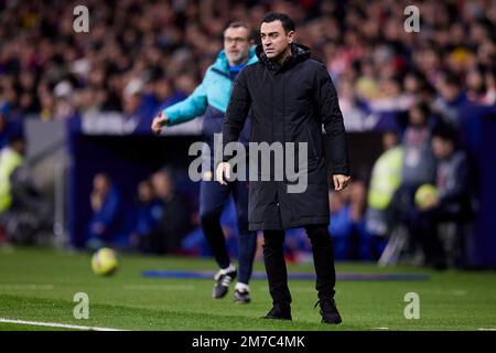 Madrid, Madrid, Spain. 8th Jan, 2023. FC Barcelona head coach Xavi Hernandez during La Liga football match between Atletico de Madrid and FC Barcelona at Civitas Metropolitano Stadium in Madrid, Spain, January 8, 2023 (Credit Image: © Ruben Albarran/ZUMA Press Wire) Stock Photo