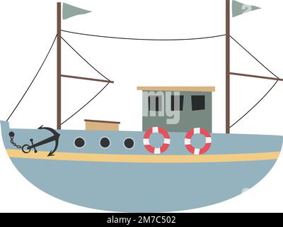 scandinavian style illustration of fishing vessel isolated on white, scandi vector drawing for children Stock Vector