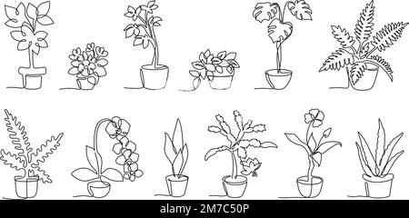 One continuous line potted plants. Home decor plants in cute pots, hand drawn flowers vector illustration set Stock Vector