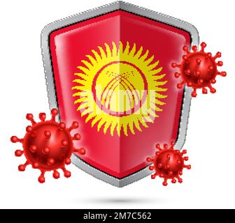 Flag of Kyrgyzstan on Metal Shiny Shield Icon and Red Corona Virus Cells. Concept of Health Care and Safety Badge. Security Safeguard Metal Label with Stock Vector