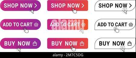Buy buttons. Shop now banner with mouse click, shopping cart icon and buying with hand pointer cursor vector set Stock Vector