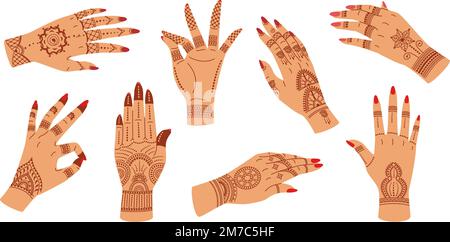 Mehndi ceremony hands. Elegant woman hand with Indian patterns henna tattoo. Hand gestures with floral ornaments vector illustration set Stock Vector