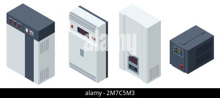 Isometric Voltage regulators set icons. A voltage regulator is a system designed to automatically maintain a constant voltage. Stock Vector