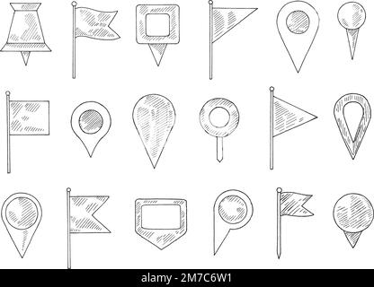 Hand drawn pin and flag. Doodle navigation pins, sketch location marker or gps position icon for maps vector illustration set Stock Vector
